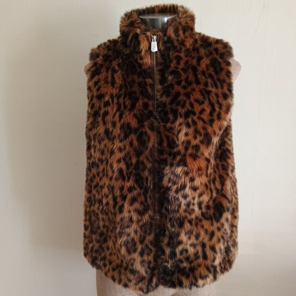 J Crew Women’s Faux Fur Sleeveless Vest Leopard Animal Print XS Mob Wife